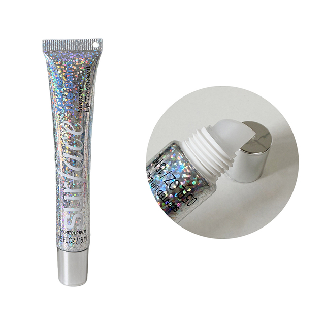 Custom Holographic Glitter Lip Balm Tube 15ml Cosmetic Squeeze Tube Empty Lip Gloss Tube Slanted Tip Applicator Silver Cap